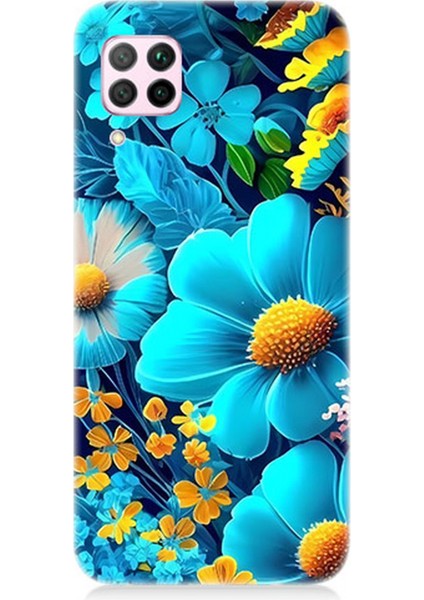 Huawei P40 Lite Uyumlu Silikon Kılıf Mavi Sarı Çiçekler