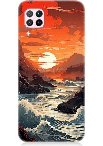 Huawei P40 Lite Uyumlu Silikon Kılıf Deniz Dağ ve Gün Batımı