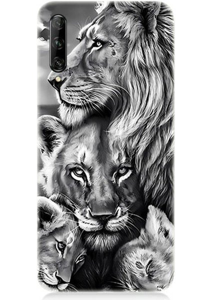 Huawei P Smart Pro Uyumlu Silikon Kılıf Siyah Beyaz Aslan Ailesi