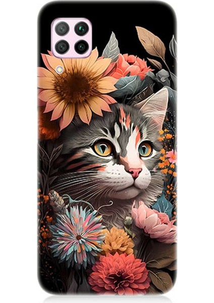 Huawei P40 Lite Uyumlu Silikon Kılıf Çiçekler ve Kül Gri Kedi