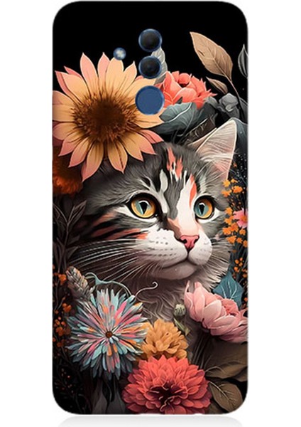 Huawei Mate 20 Lite Uyumlu Silikon Kılıf Çiçekler ve Kül Gri Kedi