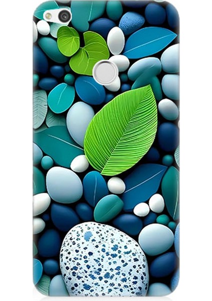 Huawei P9 Lite 2017 Uyumlu Silikon Kılıf Mavi Turkuaz Taşlar ve Yeşil Yaprak