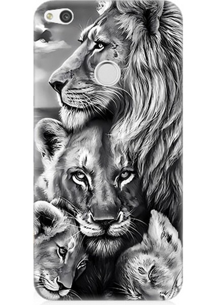 Huawei P9 Lite 2017 Uyumlu Silikon Kılıf Siyah Beyaz Aslan Ailesi