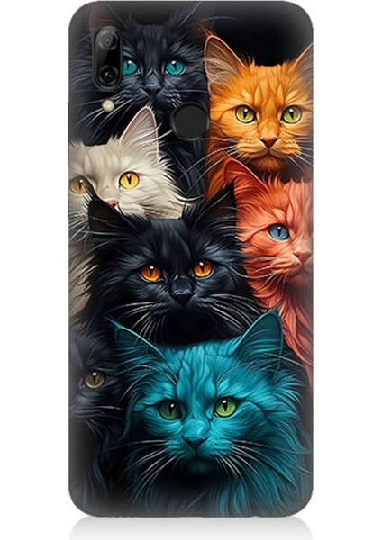 Huawei P Smart 2019 Uyumlu Silikon Kılıf Renkli Sevimli Kedi Yüzleri