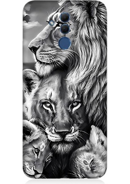 Huawei Mate 20 Lite Uyumlu Silikon Kılıf Siyah Beyaz Aslan Ailesi