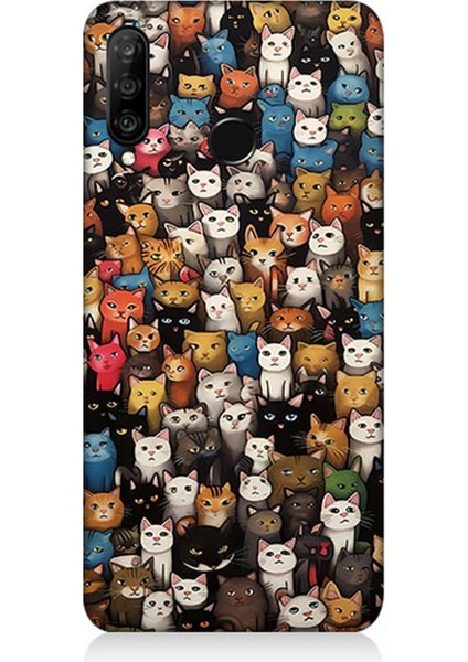 Huawei P30 Lite Uyumlu Silikon Kılıf Renki Sevimli Kediler