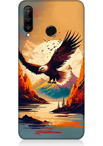 Huawei P30 Lite Uyumlu Silikon Kılıf Uçan Siyah Beyaz Kartal