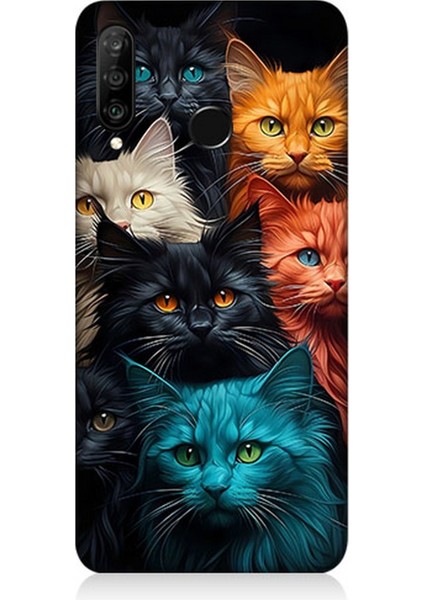 Huawei P30 Lite Uyumlu Silikon Kılıf Renkli Sevimli Kedi Yüzleri