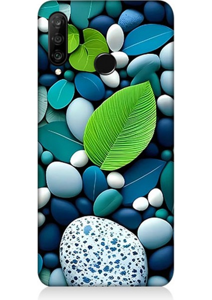 Huawei P30 Lite Uyumlu Silikon Kılıf Mavi Turkuaz Taşlar ve Yeşil Yaprak