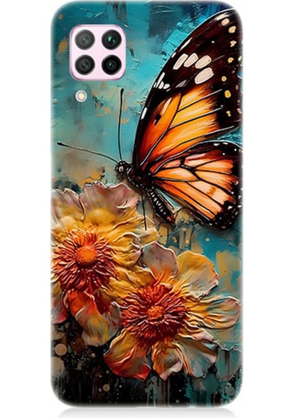 Huawei P40 Lite Uyumlu Silikon Kılıf Altın Kelebek ve Papatya