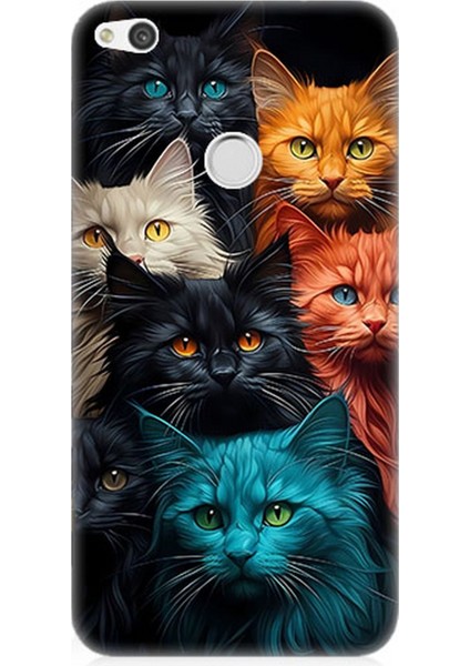 Huawei P9 Lite 2017 Uyumlu Silikon Kılıf Renkli Sevimli Kedi Yüzleri
