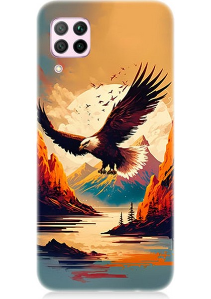 Huawei P40 Lite Uyumlu Silikon Kılıf Uçan Siyah Beyaz Kartal