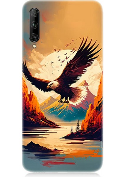 Huawei P Smart Pro Uyumlu Silikon Kılıf Uçan Siyah Beyaz Kartal