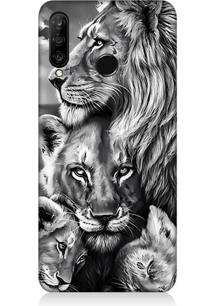 Huawei P30 Lite Uyumlu Silikon Kılıf Siyah Beyaz Aslan Ailesi