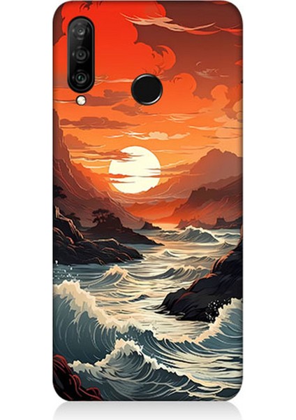 Huawei P30 Lite Uyumlu Silikon Kılıf Deniz Dağ ve Gün Batımı