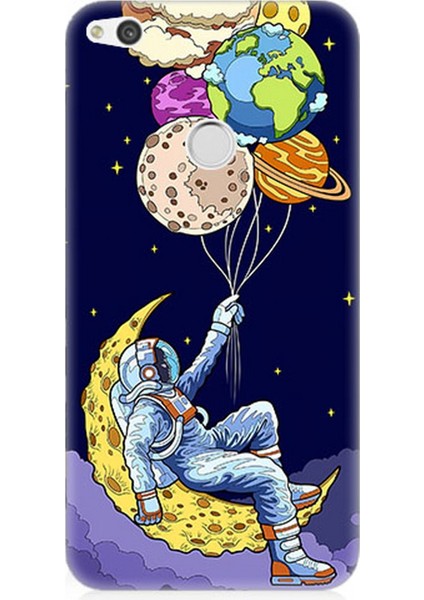 Huawei P9 Lite 2017 Uyumlu Silikon Kılıf Astranot ve Gezegen Balonlar
