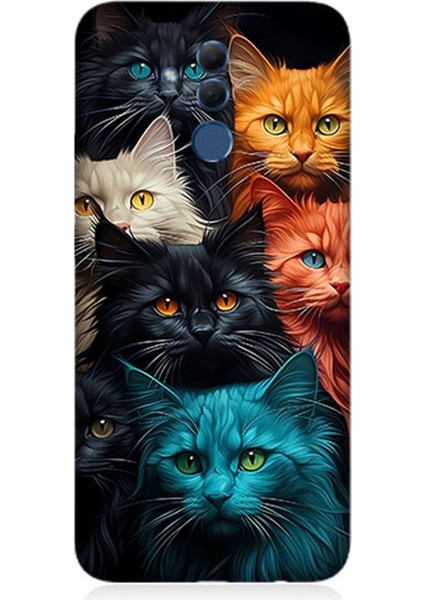 Huawei Mate 20 Lite Uyumlu Silikon Kılıf Renkli Sevimli Kedi Yüzleri