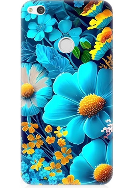 Huawei P9 Lite 2017 Uyumlu Silikon Kılıf Mavi Sarı Çiçekler