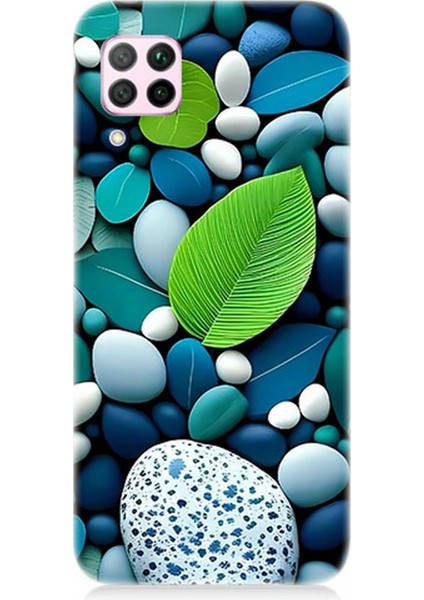 Huawei P40 Lite Uyumlu Silikon Kılıf Mavi Turkuaz Taşlar ve Yeşil Yaprak