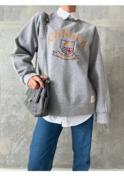Nakış Işlemeli ,bisiklet Yaka ,oversize ,trend,şık,3 Iplik Şardonlu, Kadın Sweatshirt