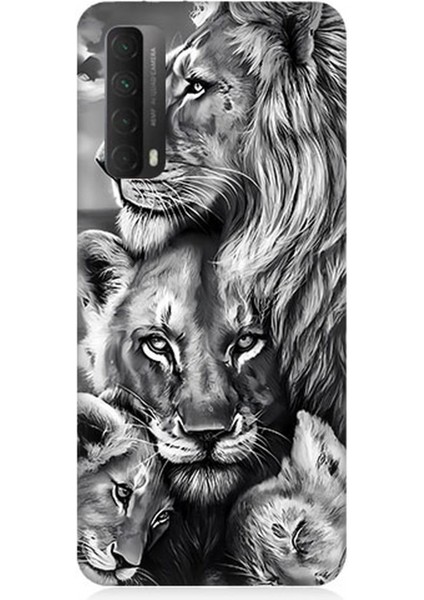 Huawei P Smart 2021 Uyumlu Silikon Kılıf Siyah Beyaz Aslan Ailesi