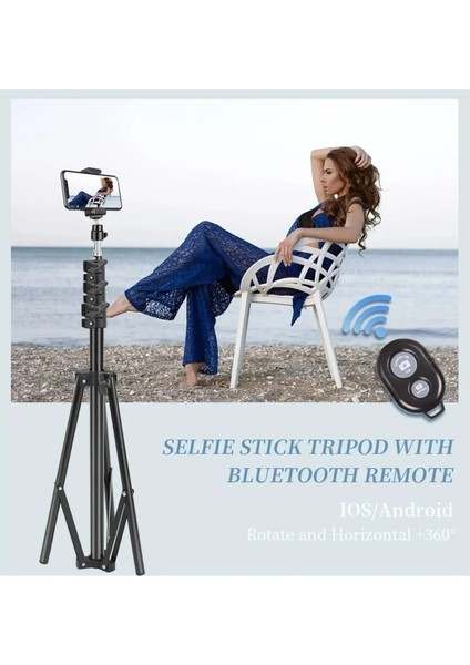 Bluetooth Kumandalı 210 cm Tripod Telefon Tutuculu Selfie Çubuğu, Telefon, Kamera, Lamba, Tripodu