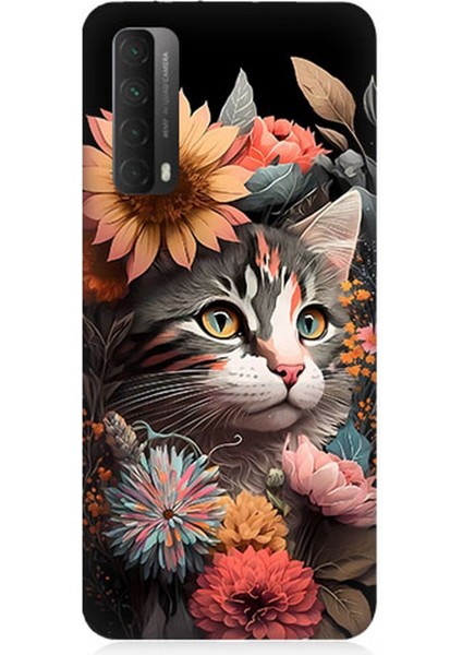 Huawei P Smart 2021 Uyumlu Silikon Kılıf Çiçekler ve Kül Gri Kedi