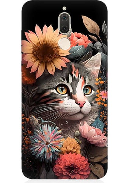 Huawei Mate 10 Lite Uyumlu Silikon Kılıf Çiçekler ve Kül Gri Kedi