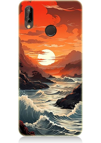 Huawei P20 Lite Uyumlu Silikon Kılıf Deniz Dağ ve Gün Batımı