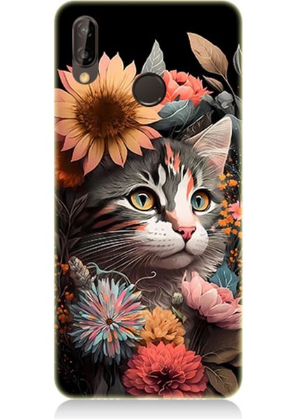Huawei P20 Lite Uyumlu Silikon Kılıf Çiçekler ve Kül Gri Kedi
