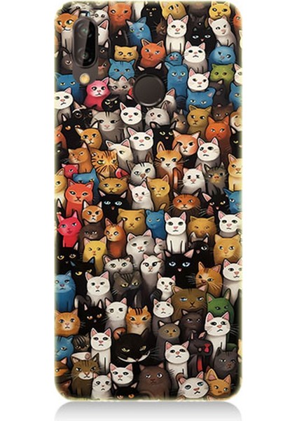 Huawei P20 Lite Uyumlu Silikon Kılıf Renki Sevimli Kediler
