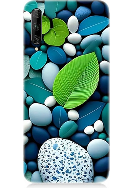 Huawei P Smart Pro Uyumlu Silikon Kılıf Mavi Turkuaz Taşlar ve Yeşil Yaprak