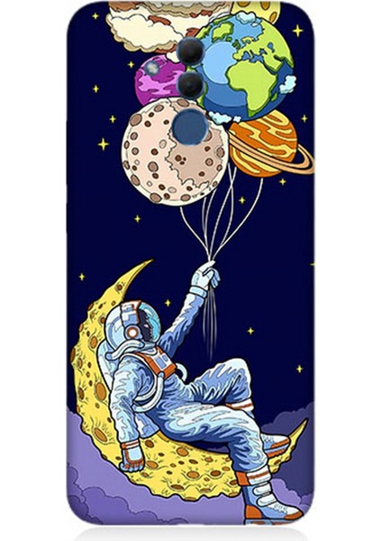 Huawei Mate 20 Lite Uyumlu Silikon Kılıf Astranot ve Gezegen Balonlar