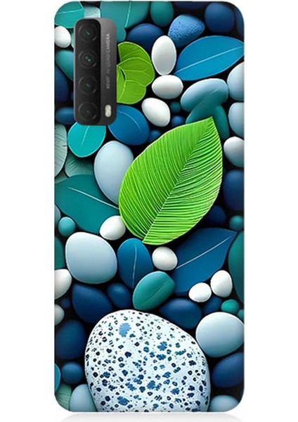 Huawei P Smart 2021 Uyumlu Silikon Kılıf Mavi Turkuaz Taşlar ve Yeşil Yaprak