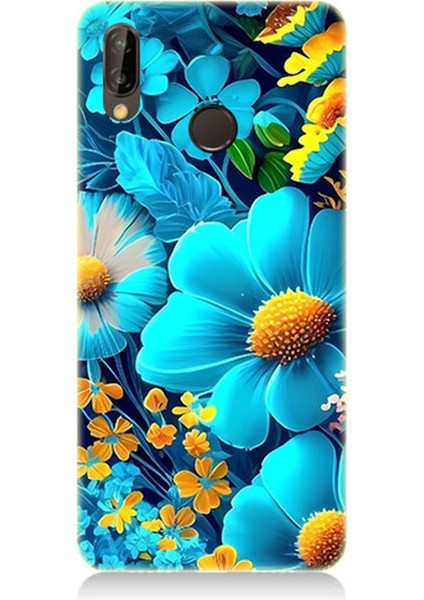 Huawei P20 Lite Uyumlu Silikon Kılıf Mavi Sarı Çiçekler