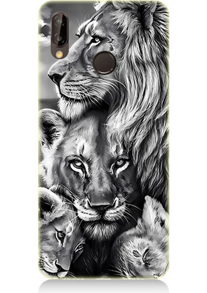Huawei P20 Lite Uyumlu Silikon Kılıf Siyah Beyaz Aslan Ailesi