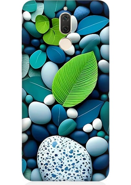 Huawei Mate 10 Lite Uyumlu Silikon Kılıf Mavi Turkuaz Taşlar ve Yeşil Yaprak