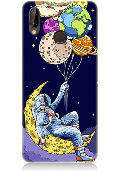 Huawei P20 Lite Uyumlu Silikon Kılıf Astranot ve Gezegen Balonlar