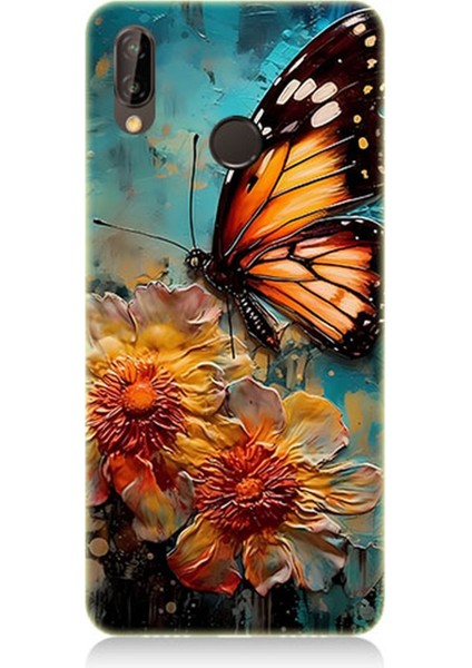 Huawei P20 Lite Uyumlu Silikon Kılıf Altın Kelebek ve Papatya