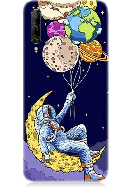 Huawei P Smart Pro Uyumlu Silikon Kılıf Astranot ve Gezegen Balonlar