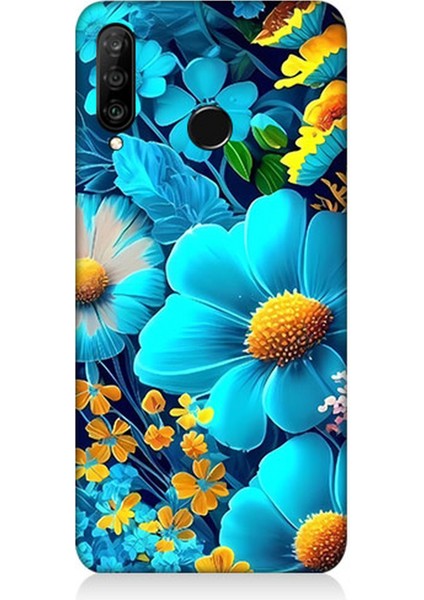 Huawei P30 Lite Uyumlu Silikon Kılıf Mavi Sarı Çiçekler