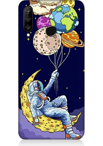 Huawei P30 Lite Uyumlu Silikon Kılıf Astranot ve Gezegen Balonlar