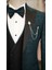 Erkek Smokin Damatlık Jakarlı Kırlangıç Yaka Italyan Kesim Slim Fit Ceket Yelek Pantolon Papyon-Yeşil 3