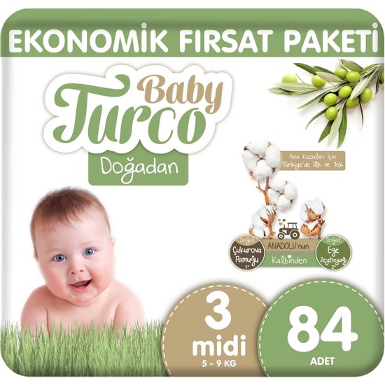 Baby Turco Doğadan Ekonomik Fırsat Paketi Bebek Bezi 3 Numara Midi 84 Adet