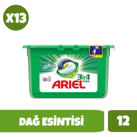 Ariel 3'ü 1 Arada Pods Sıvı Çamaşır Deterjanı Kapsülü Dağ Esintisi 12 Yıkama X13 Paket