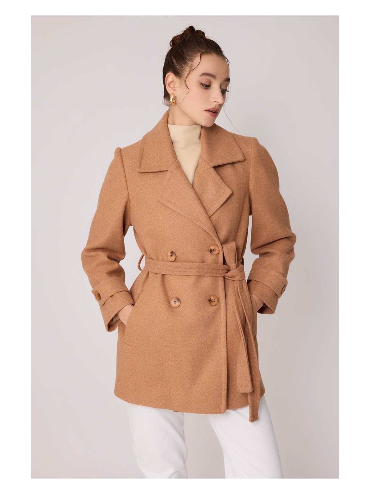 Vitrin Önü Düğmeli Kuşaklı Kısa Kaşe Kaban - Görsel 6