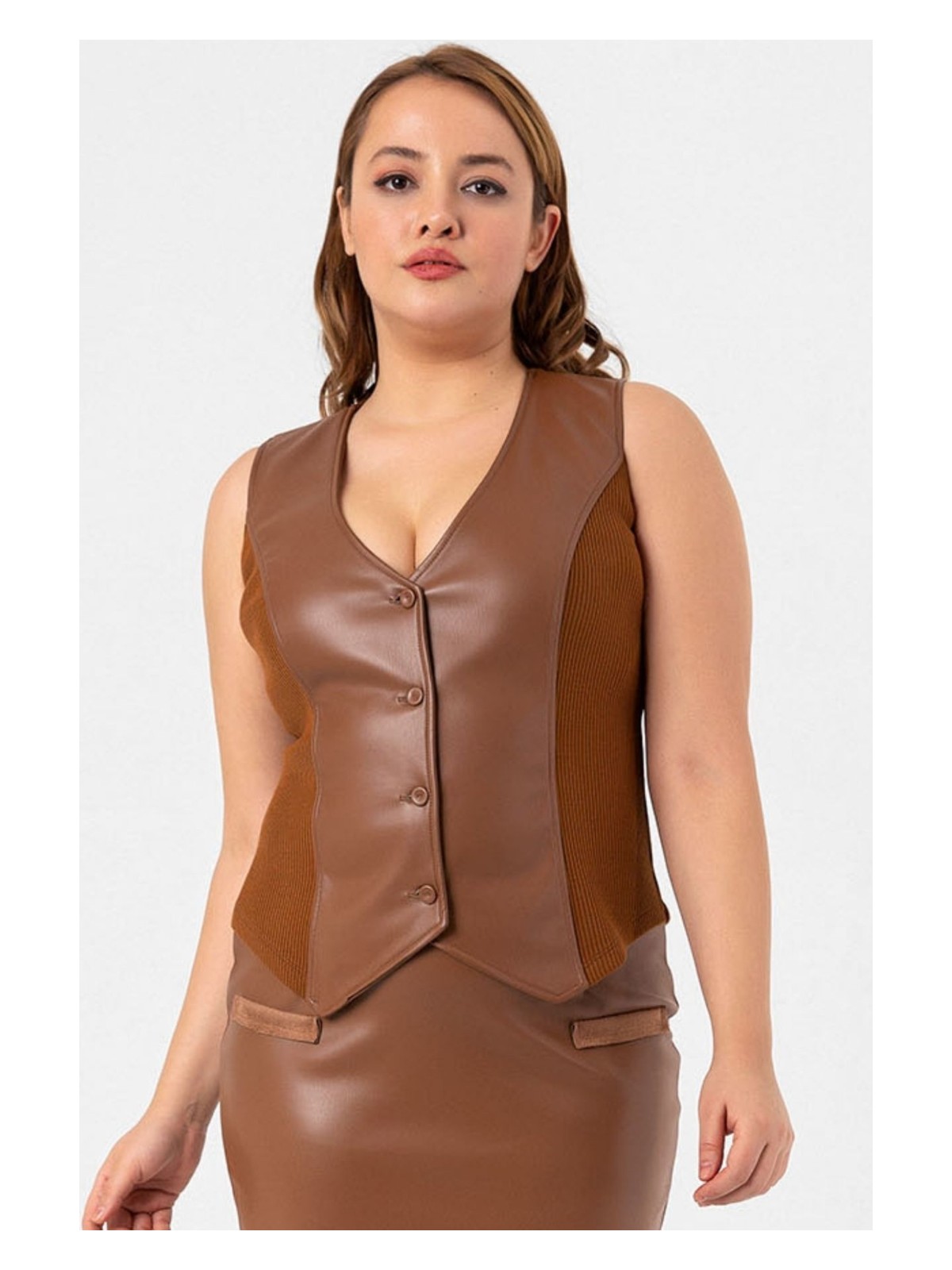 Laranor Büyük Beden Kaşkorse Detay Klasik Kesim Deri Yelek 48 Kahve