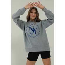 Qu Style  Nakış Desenli,oversize,bisiklet Yaka Spor Şık ,3 Iplik Şardonlu , Kadın Sweatshirt