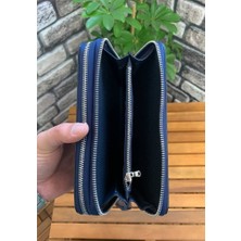 Guard Çift Fermuarlı Lacivert Hakiki Deri El Çantası Erkek / Kadın P3031