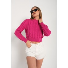 Nosia Fashion Yarım Balıkçı Yaka Saç Örgülü Crop Fuşya Kazak